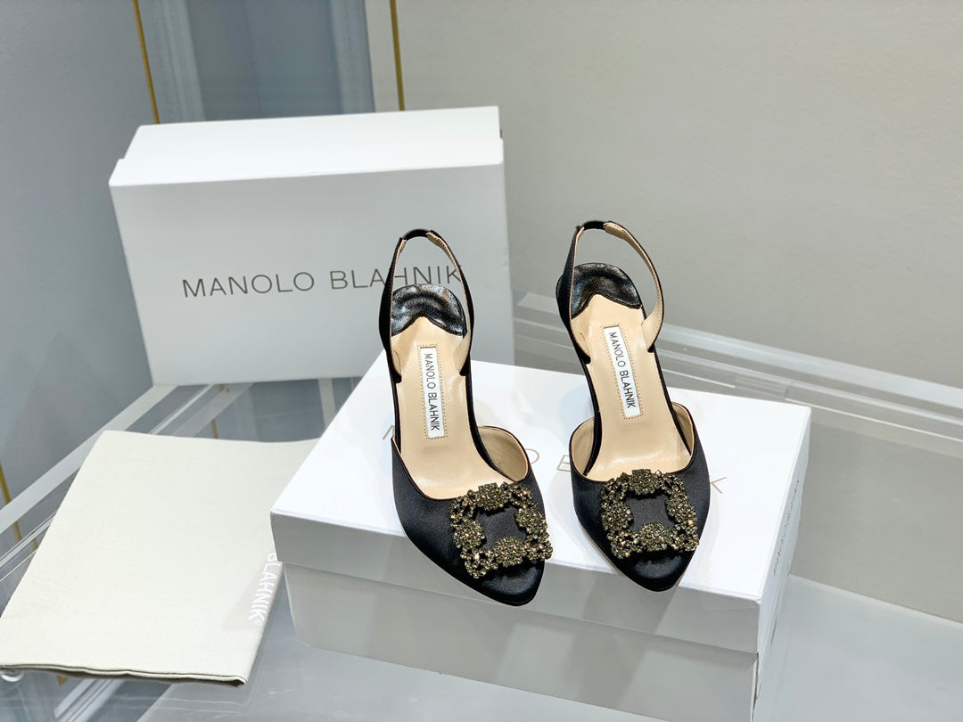 Manolo Buckle Slingback 7cm Black Silk 208027