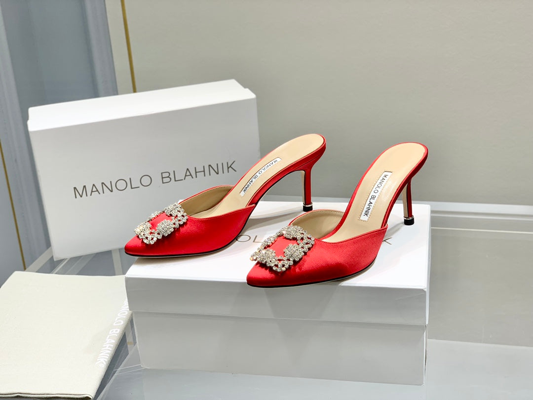Manolo Buckle Mules 7cm Red Silk 208018
