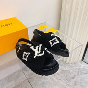 LV Paseo Flat Comfort Sandal Black White Fleece