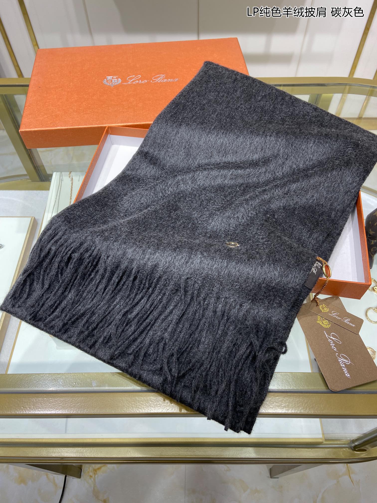 LP Grande Unita Scarf 200 CM In Black Grey Cashmere 645516