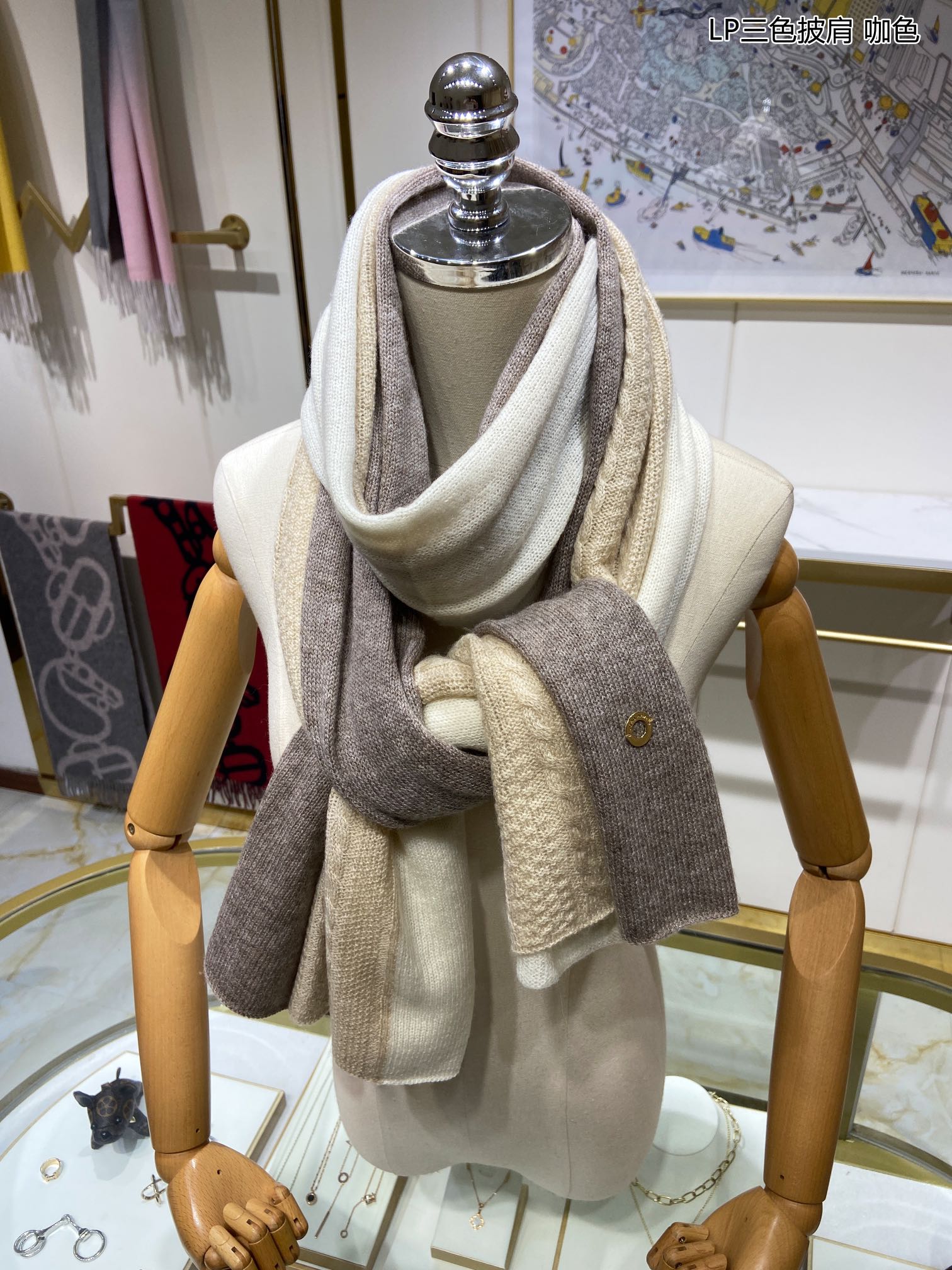 LP Scarf 190 CM In Beige White Mix Grey Brown Cashmere 649677