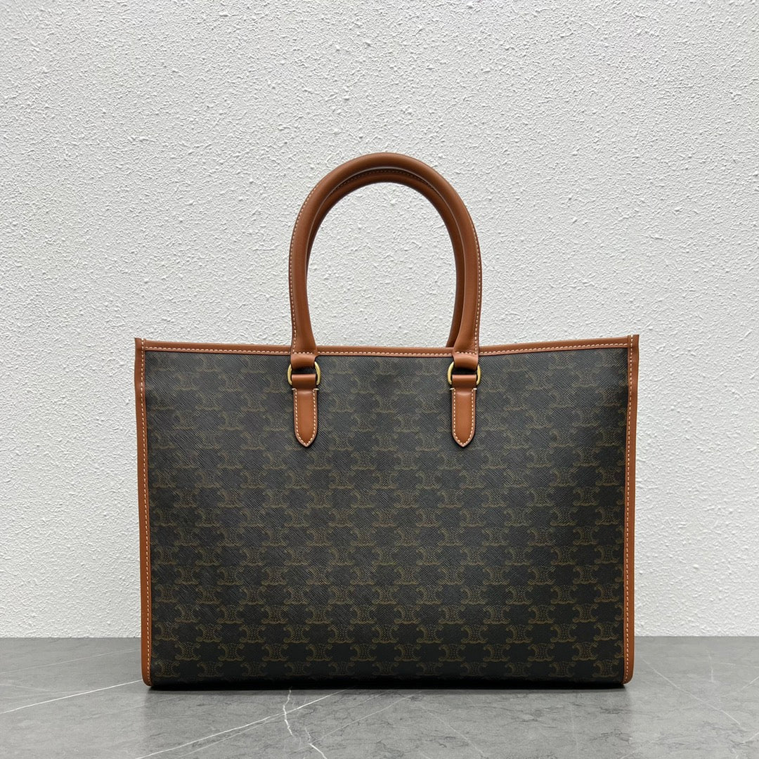 Celine 2026 Horizontal Cabas 43cm Black Brown Triomphe Canvas Calfskin