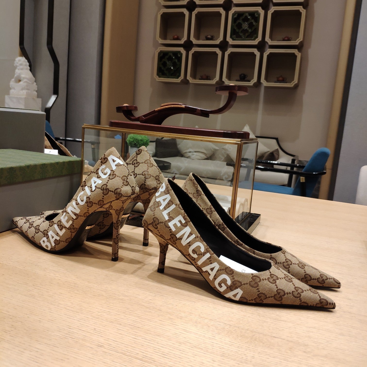 Balenciaga x GC 26s High Heel Pump Brown Beige Monogram Printed Fabric 681308