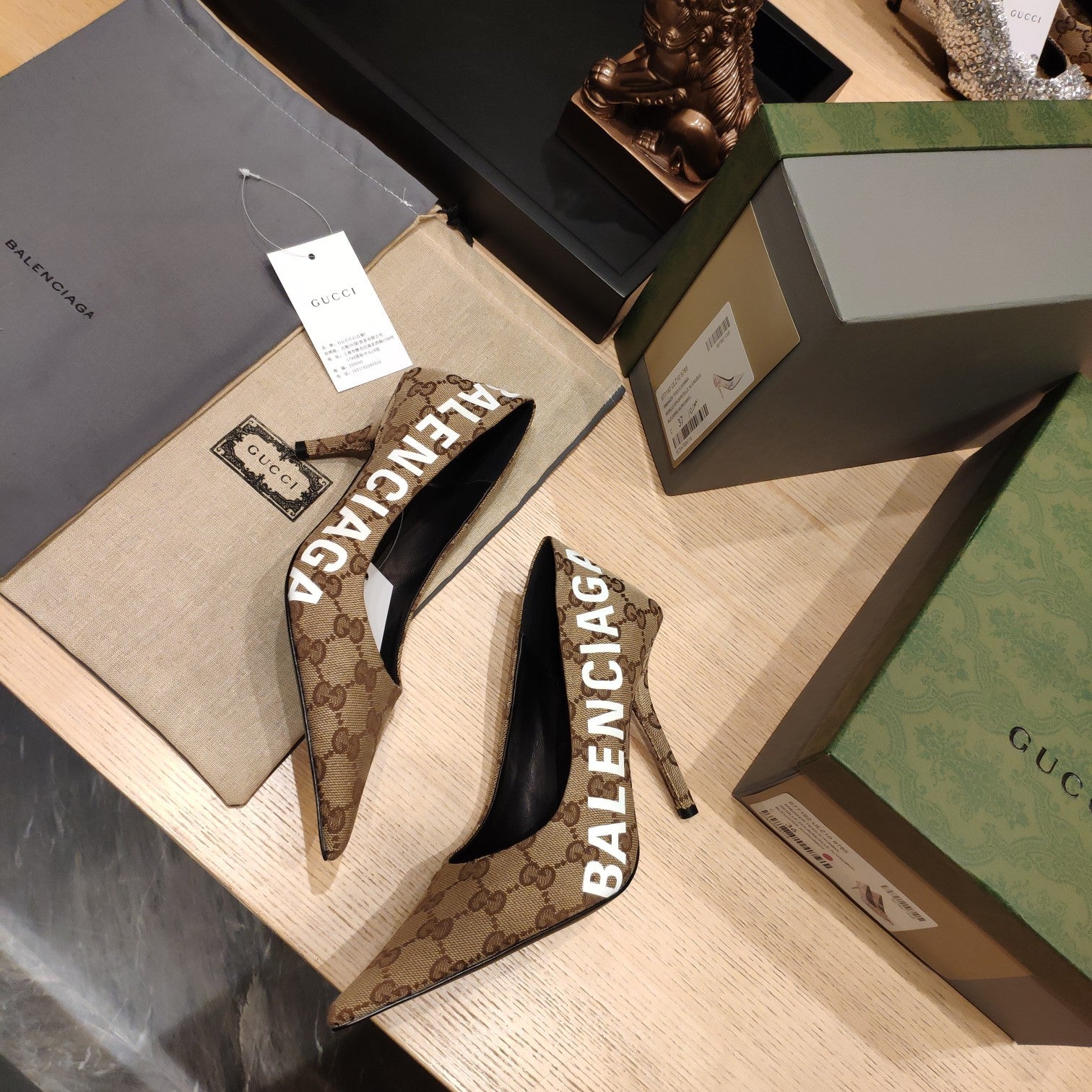 Balenciaga x GC 26s High Heel Pump Brown Beige Monogram Printed Fabric 681308