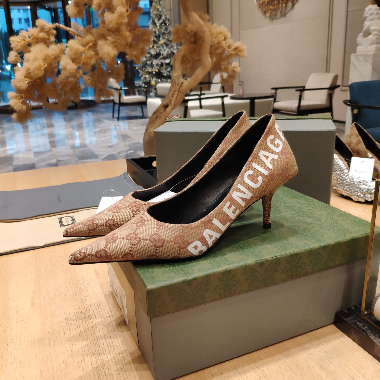 Balenciaga x GC 26s High Heel Pump Brown Monogram Printed Fabric 681309