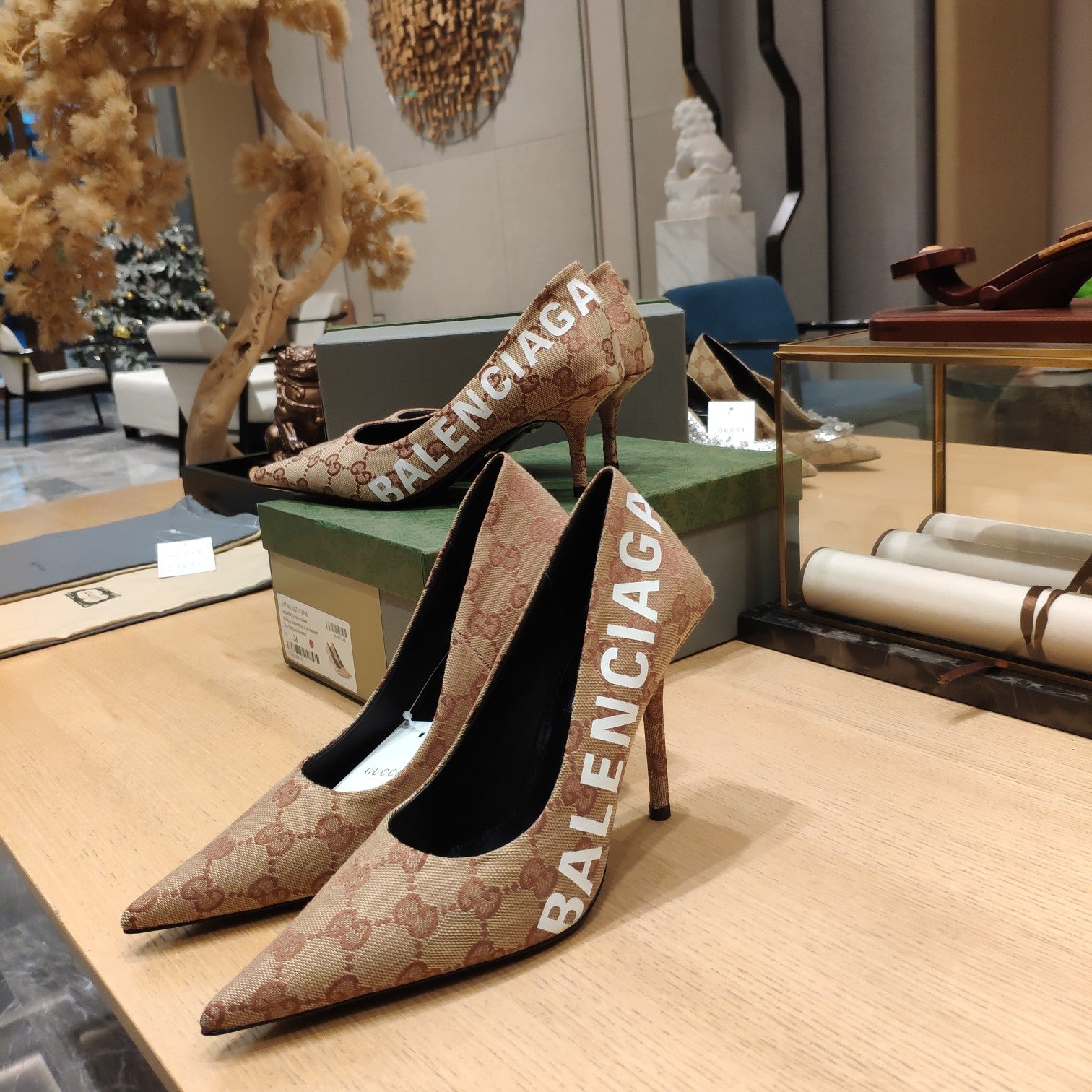 Balenciaga x GC 26s High Heel Pump Brown Monogram Printed Fabric 681309
