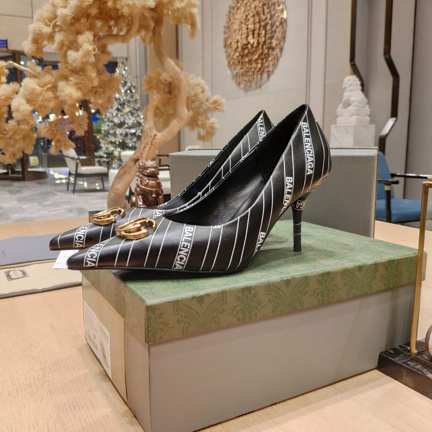 Balenciaga x GC 26s High Heel Pump Black White Sheepskin 681310