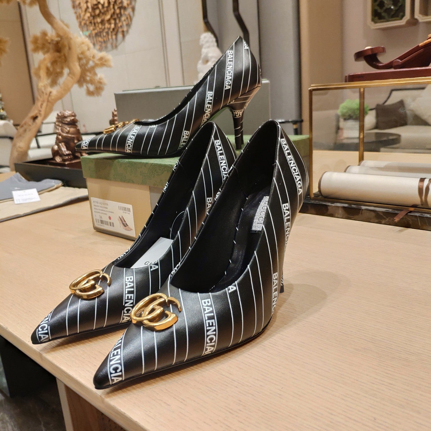 Balenciaga x GC 26s High Heel Pump Black White Sheepskin 681310