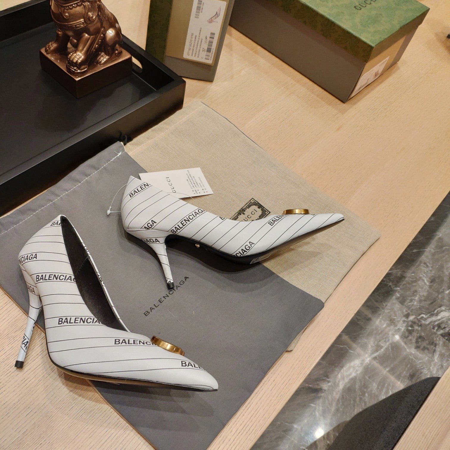 Balenciaga x GC 26s High Heel Pump White Black Sheepskin 681311