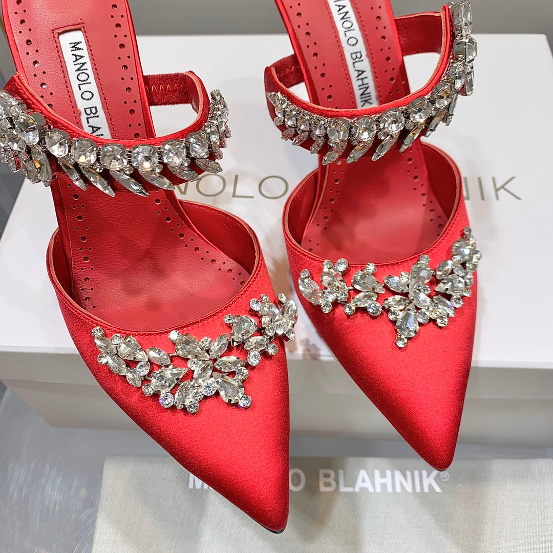 Manolo Mules Crystal Red Silk Satin 219379