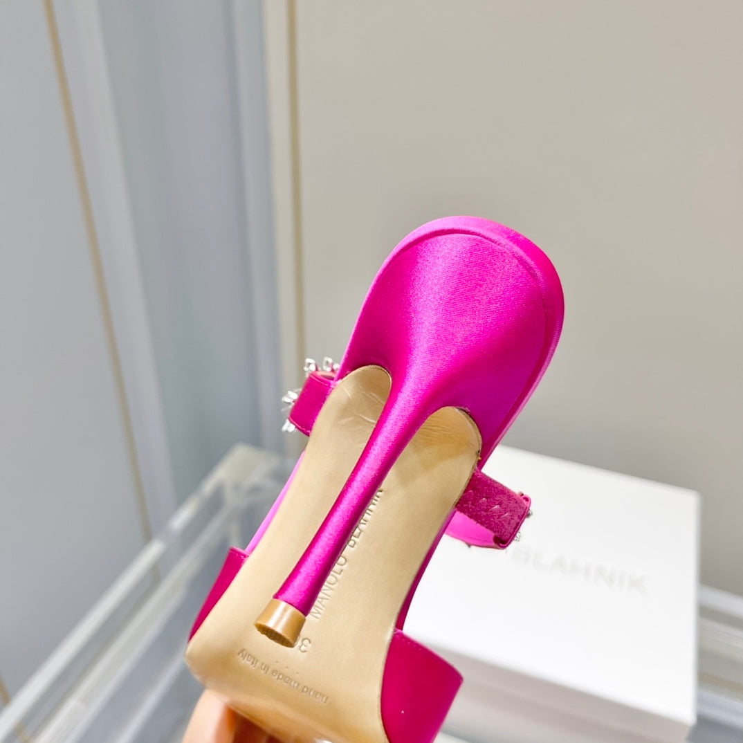 Manolo Mules Crystal Dark Pink Silk Satin 219382
