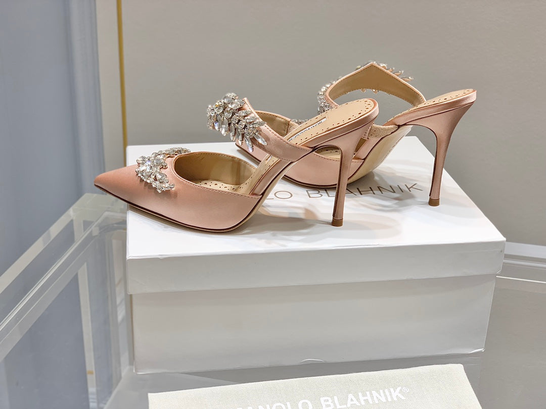 Manolo Mules Crystal Pink Silk Satin 219386