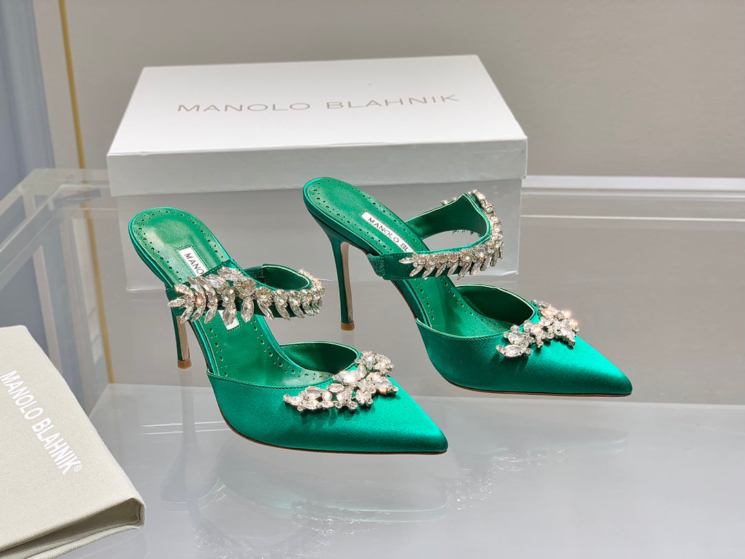 Manolo Mules Crystal Green Silk Satin 219387