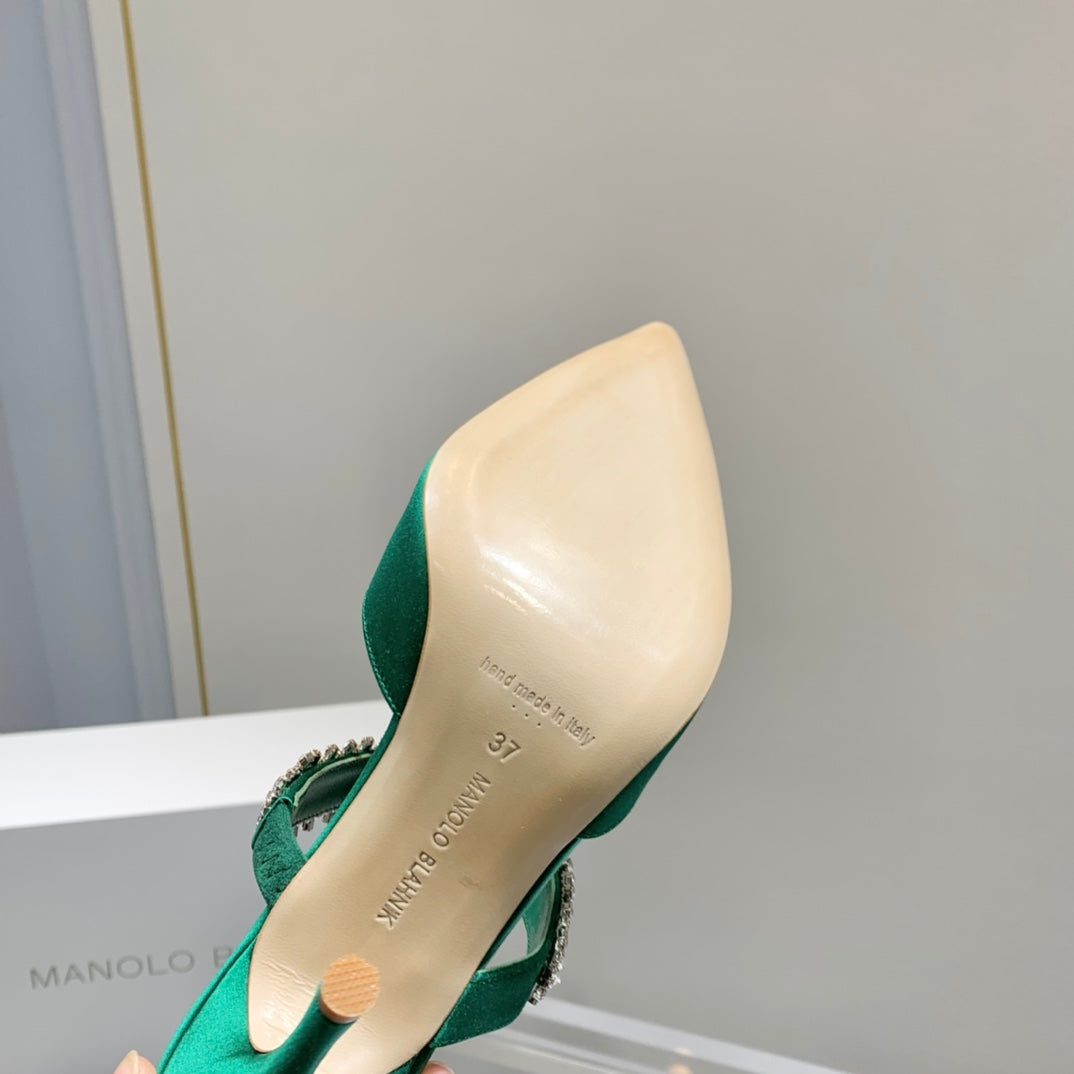 Manolo Mules Diamond Buckle Green Silk Satin 218813