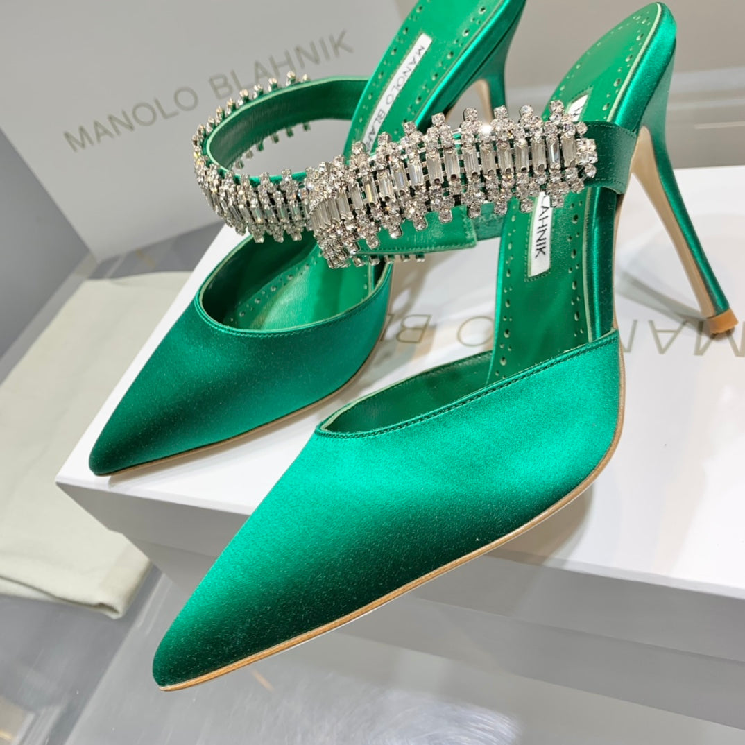 Manolo Mules Diamond Buckle Green Silk Satin 218813