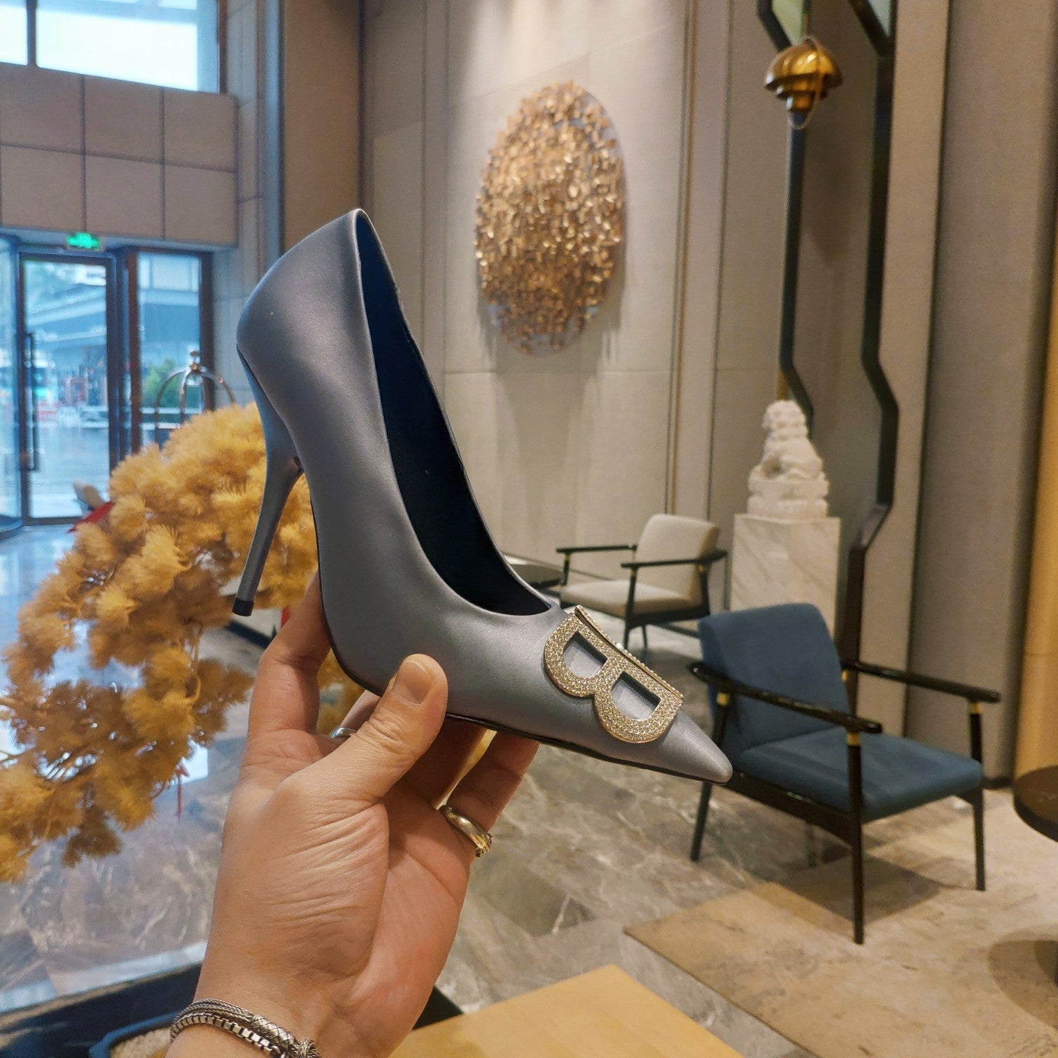 Balenciaga 26s High Heel Pump 105 Blue Silk Satin 681177