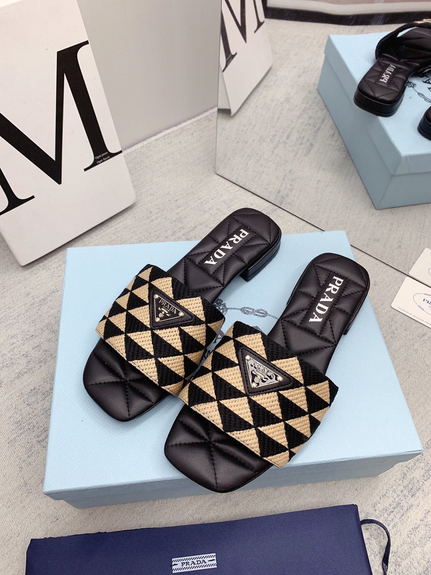 Prada 2026 Slippers Black Beige Sheepskin 731198