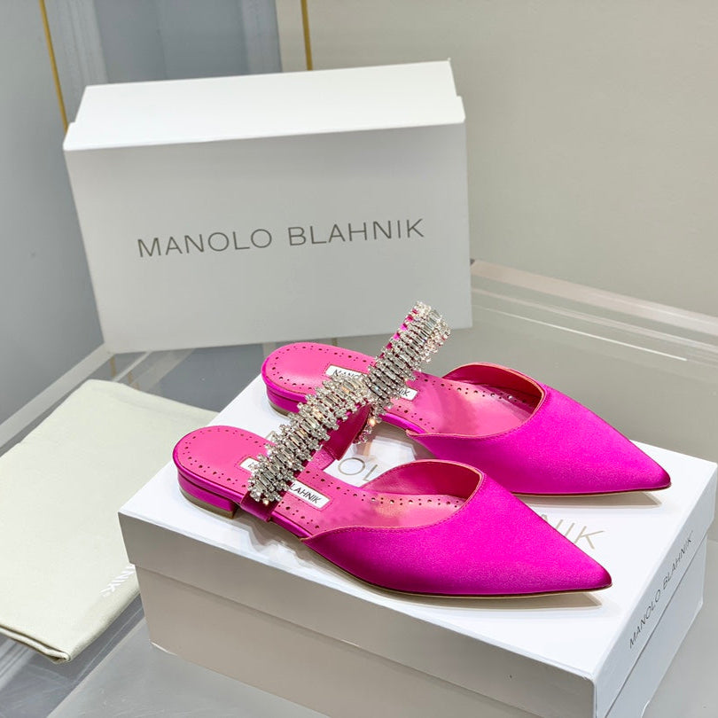 Manolo Flats Mules Diamond Buckle Dark Pink Silk Satin 327481