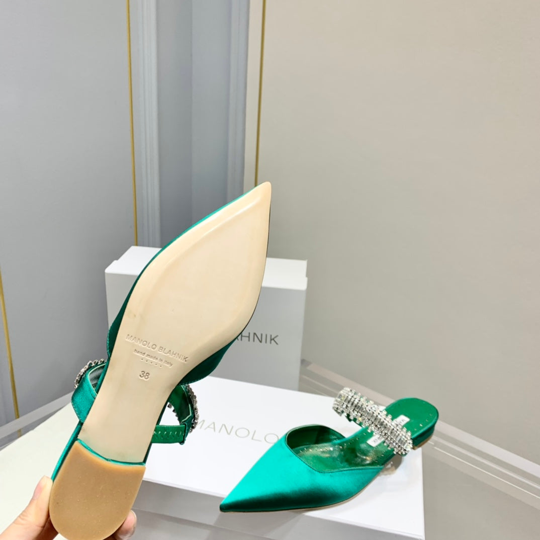 Manolo Flats Mules Diamond Buckle Green Silk Satin 327484