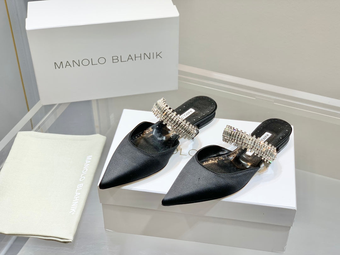 Manolo Flats Mules Diamond Buckle Black Silk Satin 327485