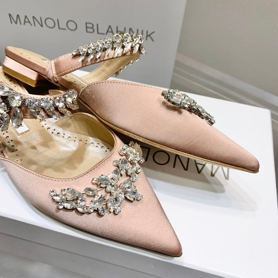 Manolo Flats Mules Crystal Pink Nude Silk Satin 327468