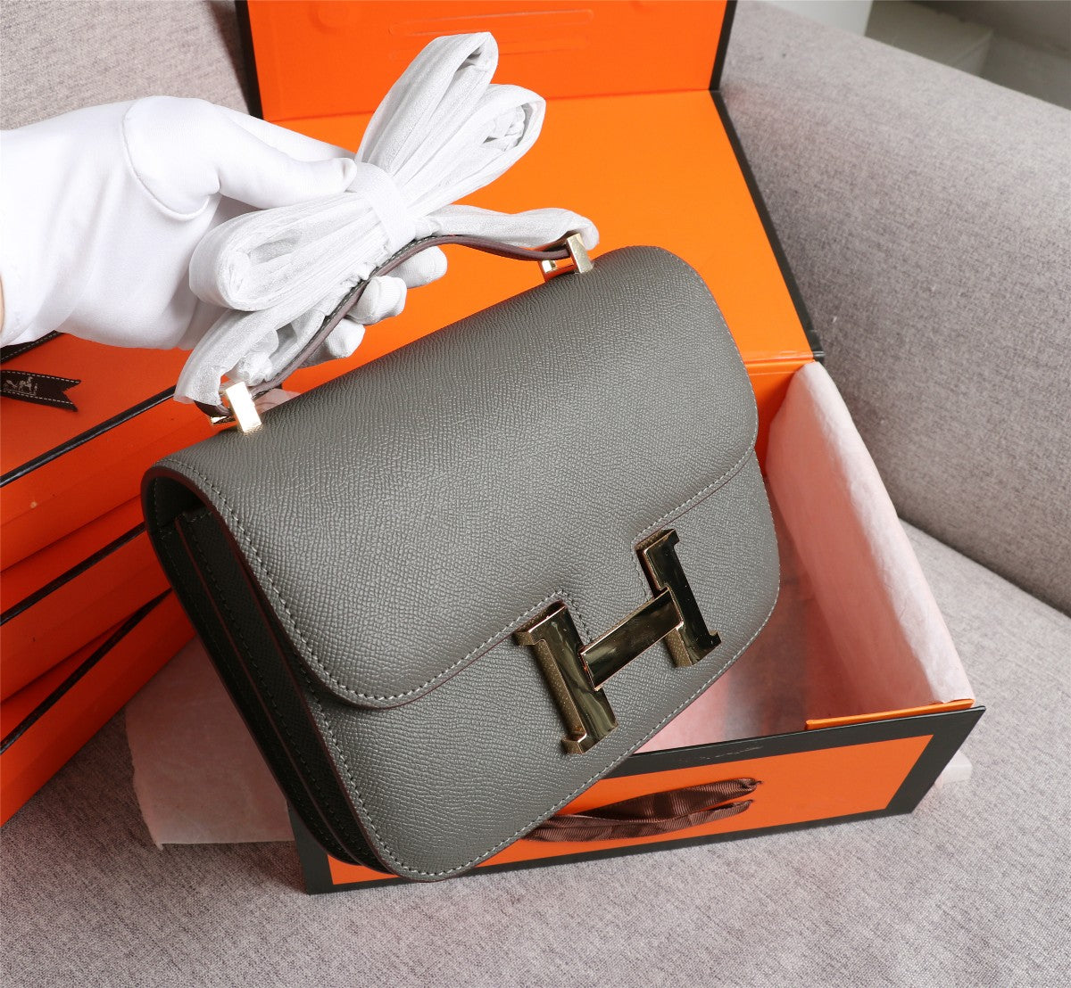 HM CONSTANCE BAGS 18 PEWTER GRAY EPSOM