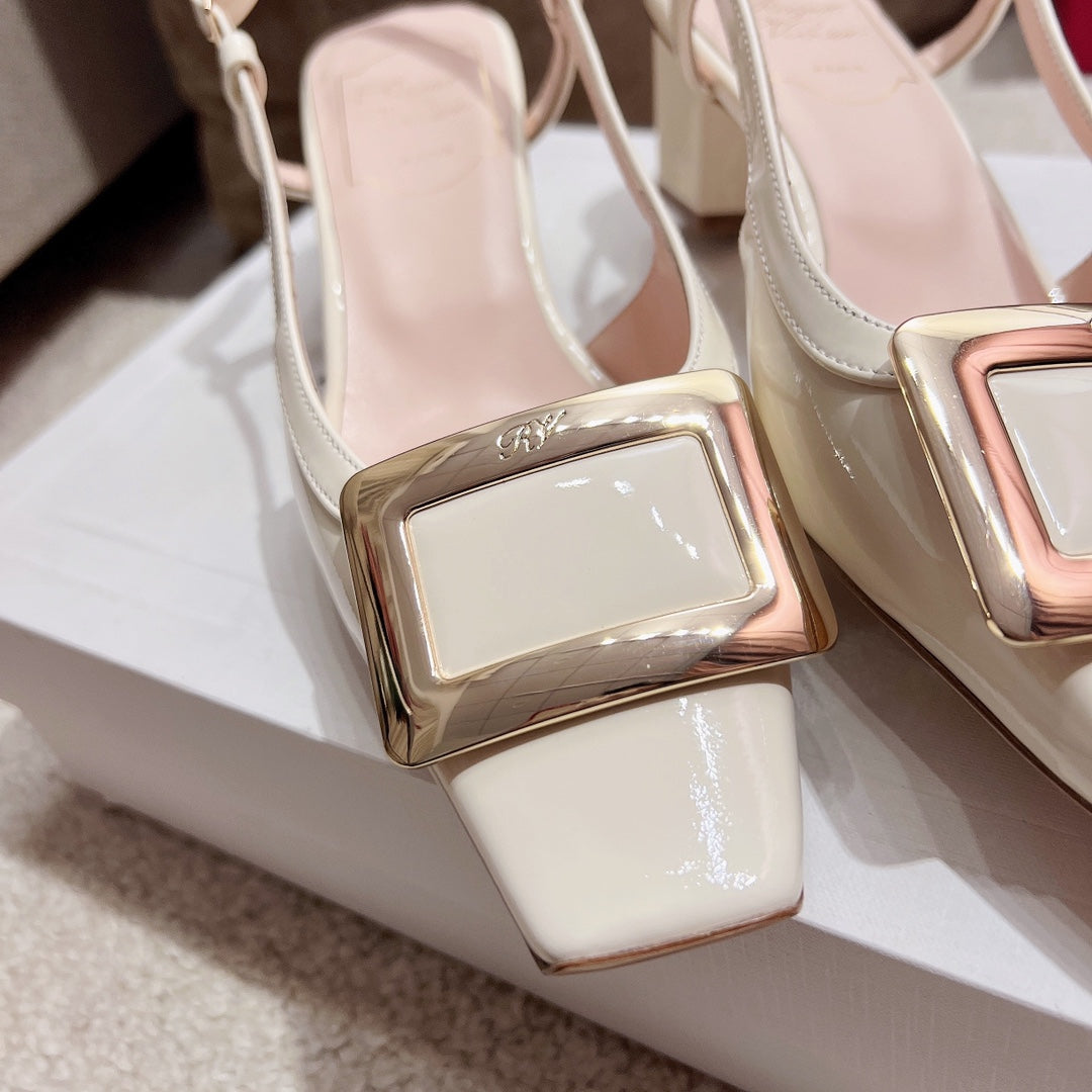 Roger Vivier 45mm Metal Square Buckle Chunky Heel Sandal 382934