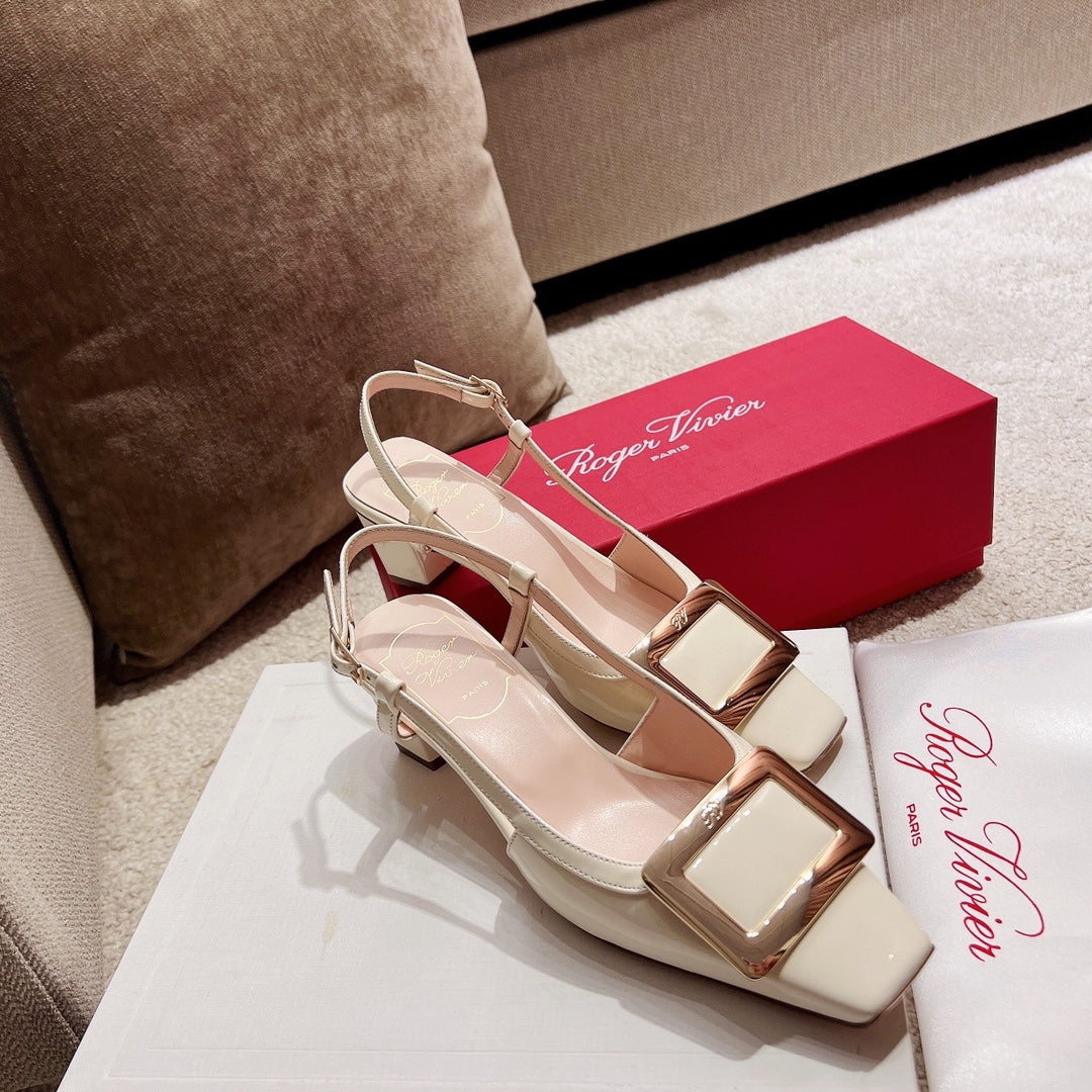 Roger Vivier 45mm Metal Square Buckle Chunky Heel Sandal 382934