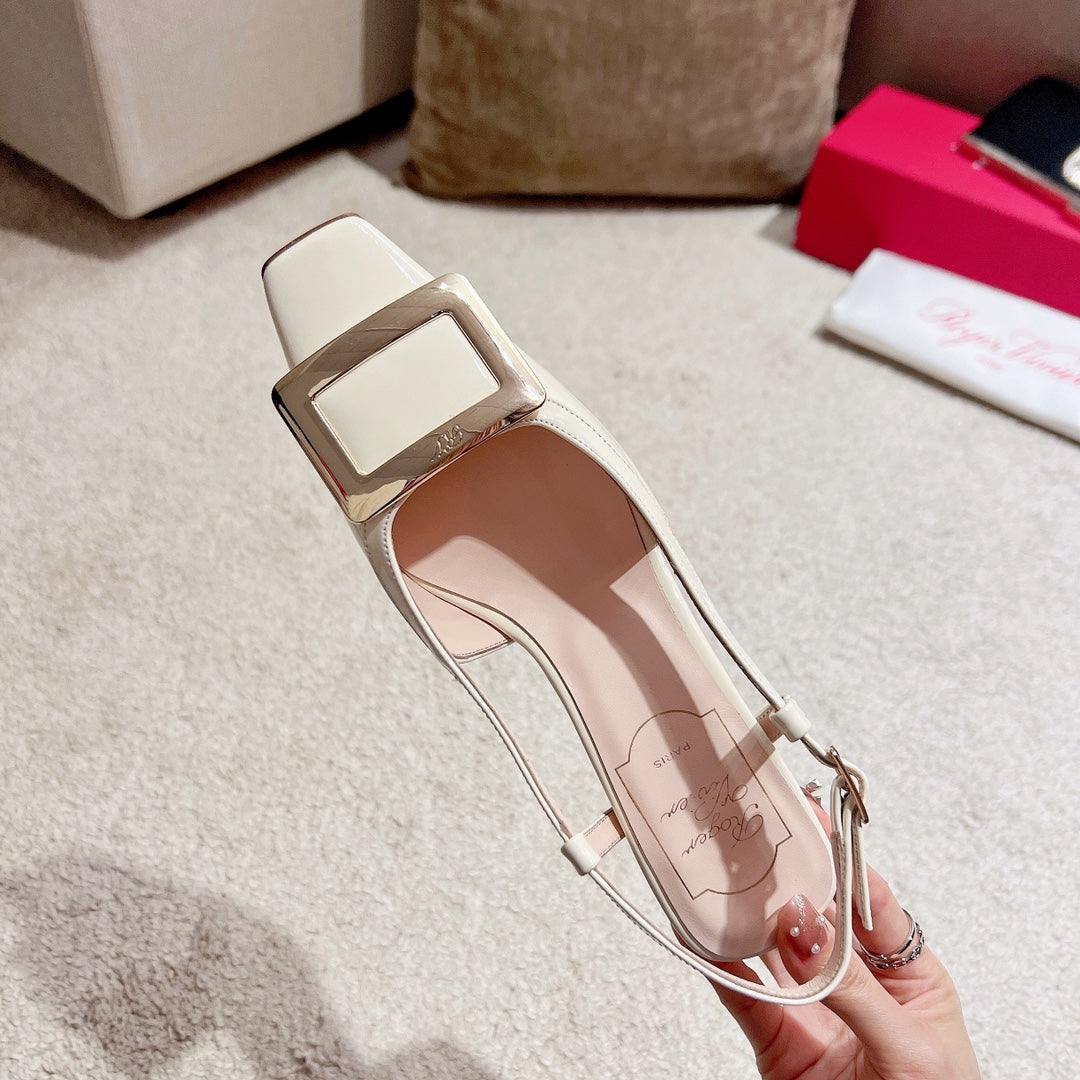 Roger Vivier 45mm Metal Square Buckle Chunky Heel Sandal 382934