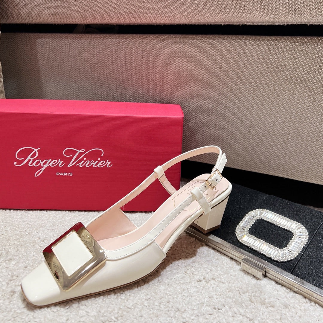 Roger Vivier 45mm Metal Square Buckle Chunky Heel Sandal 382934
