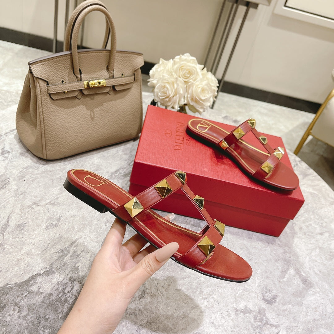Valentino Roman Stud Sandals Flat Sheepskin