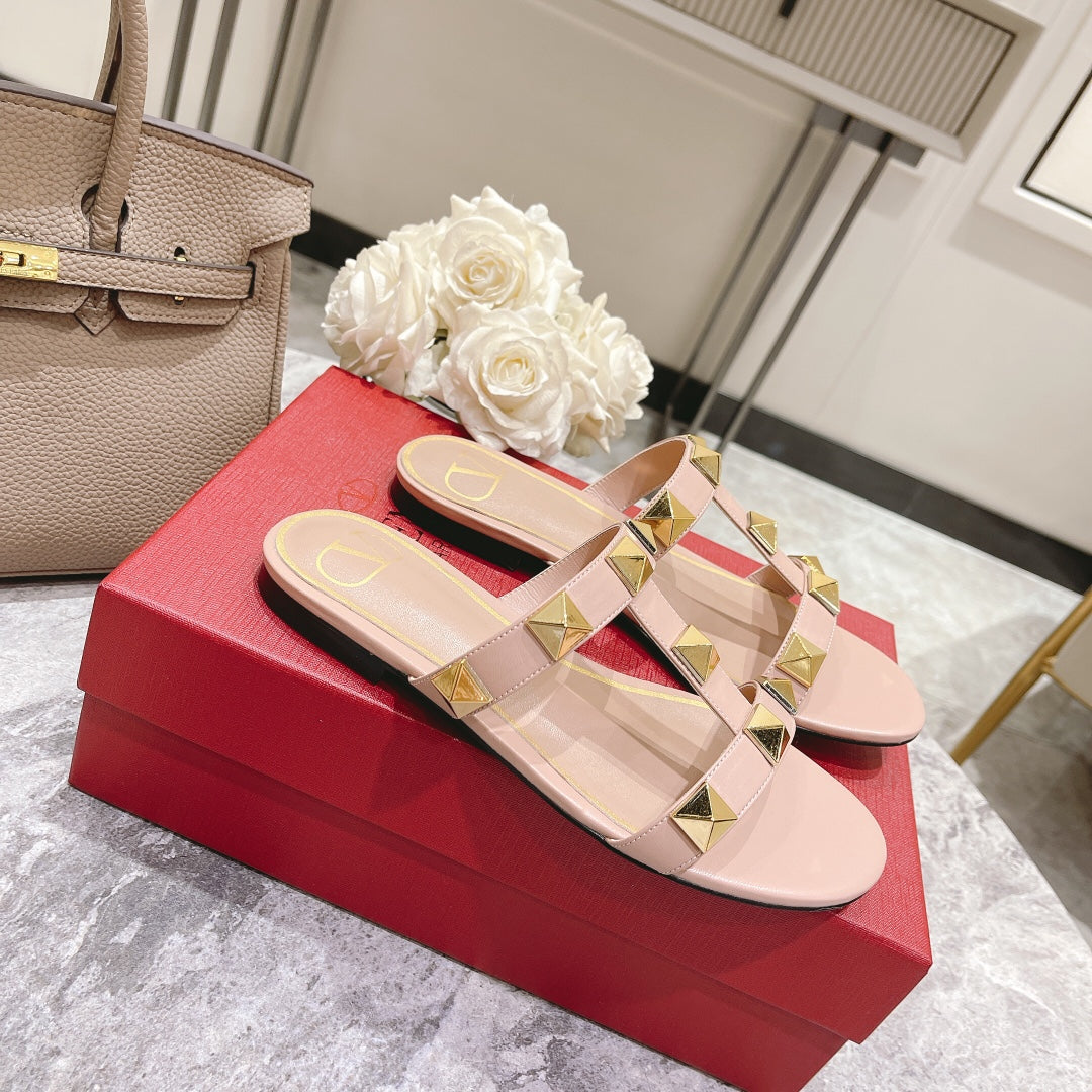 Valentino Roman Stud Sandals Flat Sheepskin