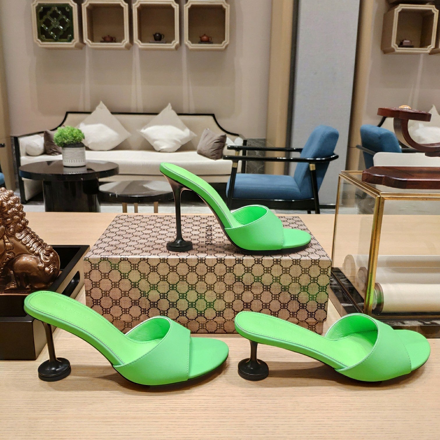 Balenciaga 26s High Heeled Sandals Green Sheepskin 681279