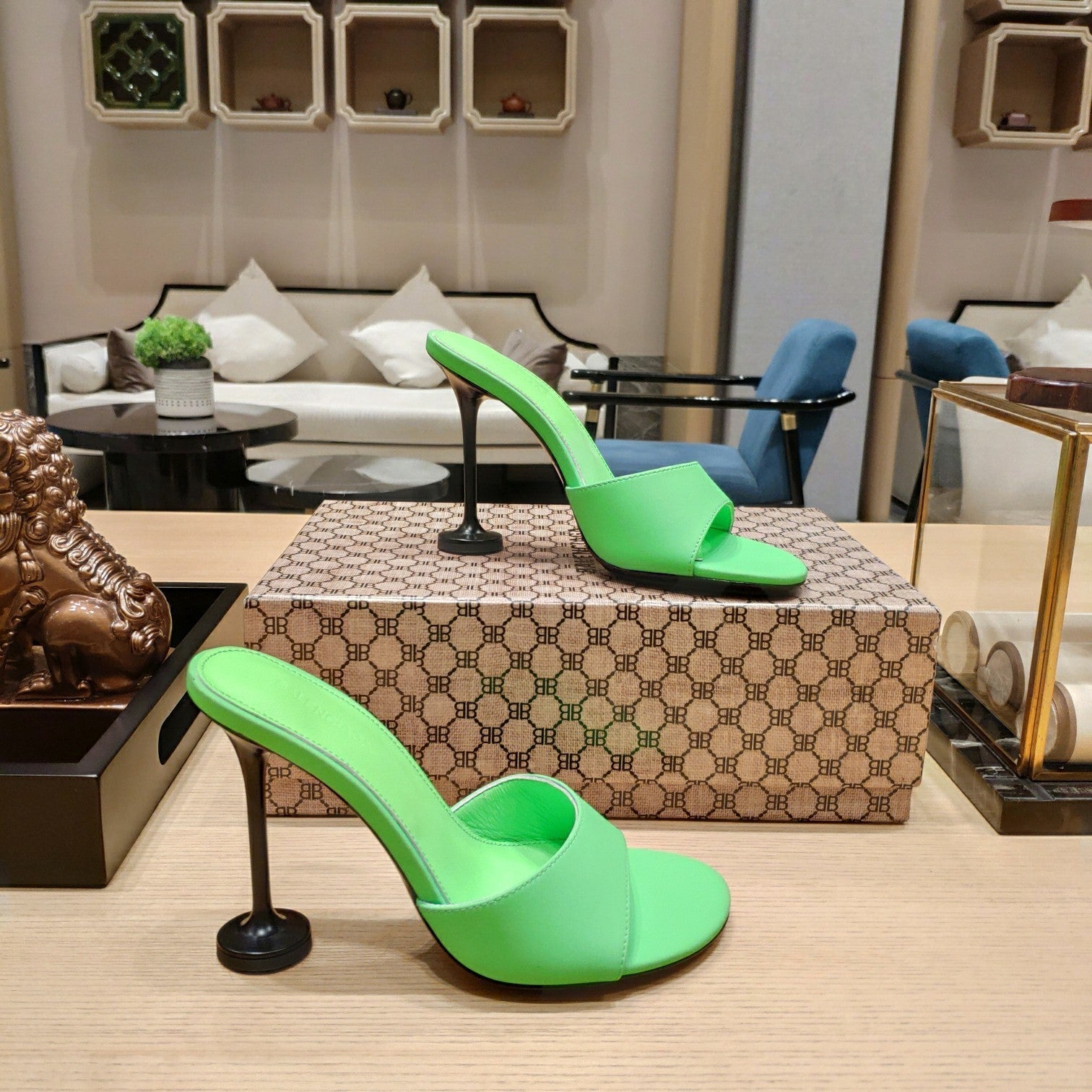 Balenciaga 26s High Heeled Sandals Green Sheepskin 681279