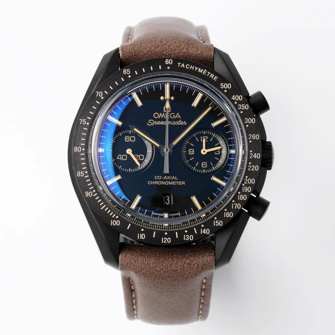 Omega Speedmaster Dark Side Black Dial Brown Leather Strap 44mm Watch