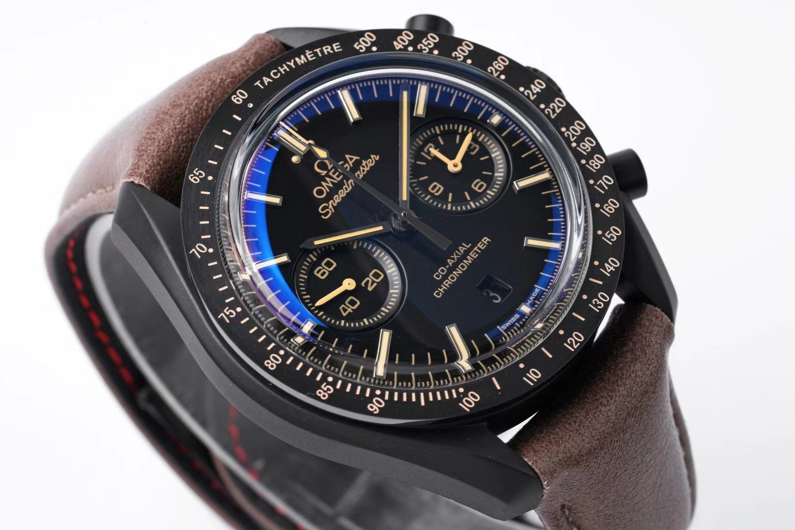 Omega Speedmaster Dark Side Black Dial Brown Leather Strap 44mm Watch