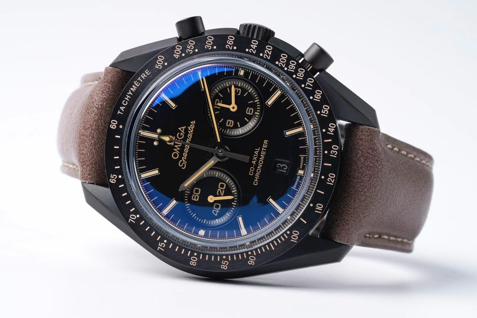 Omega Speedmaster Dark Side Black Dial Brown Leather Strap 44mm Watch
