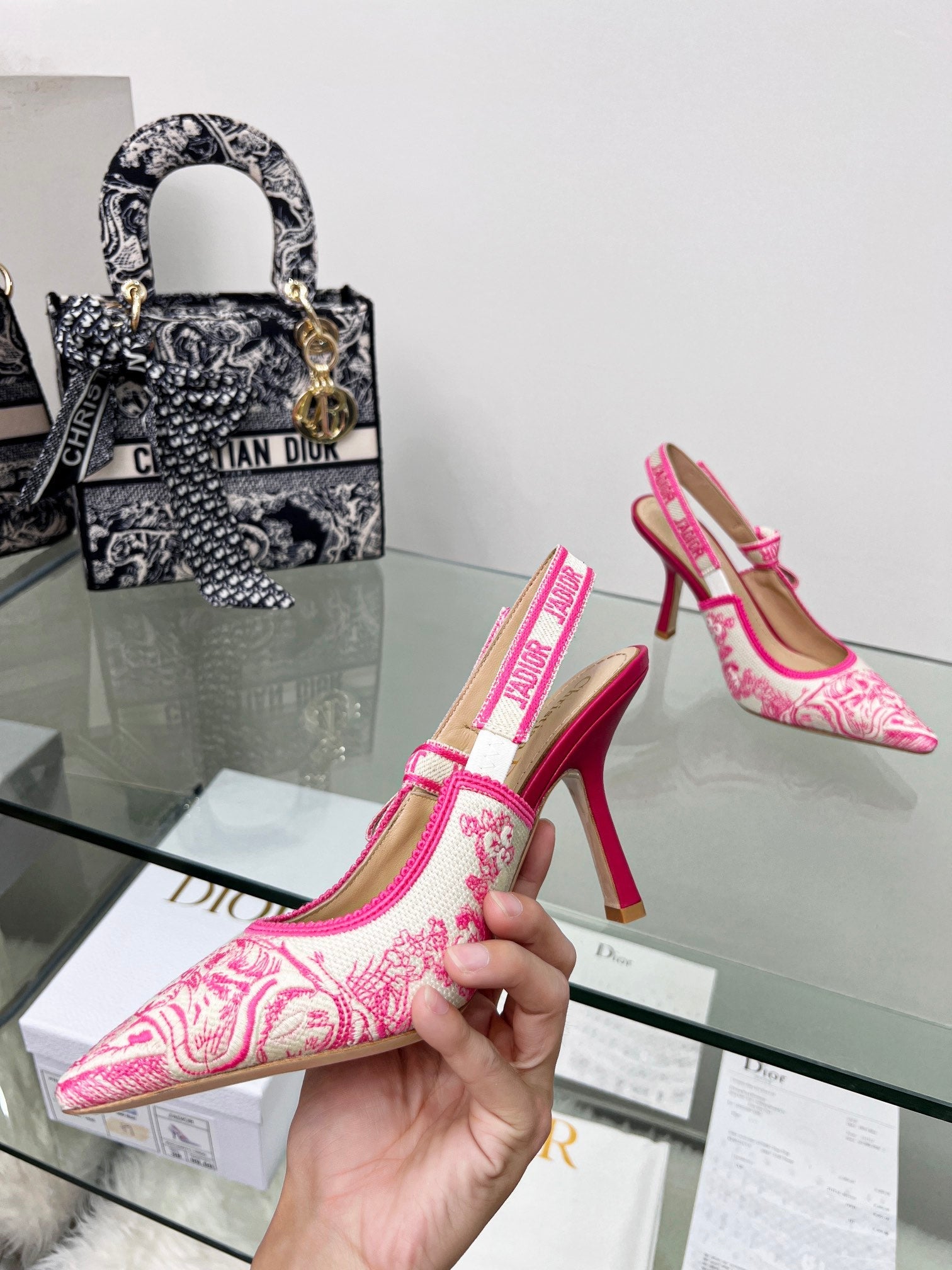 CD 25 J'Adior Slingback Pump Pink White Mesh Sheepskin