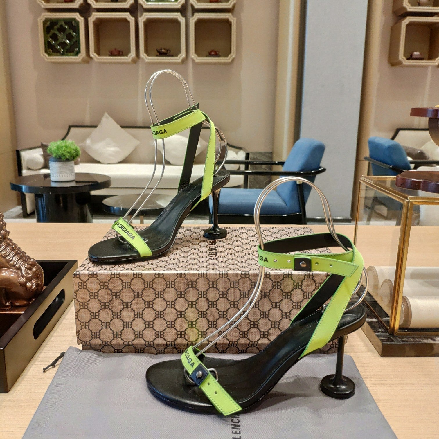 Balenciaga 26s High Heel Sandals 105 Black Green Leather 681312
