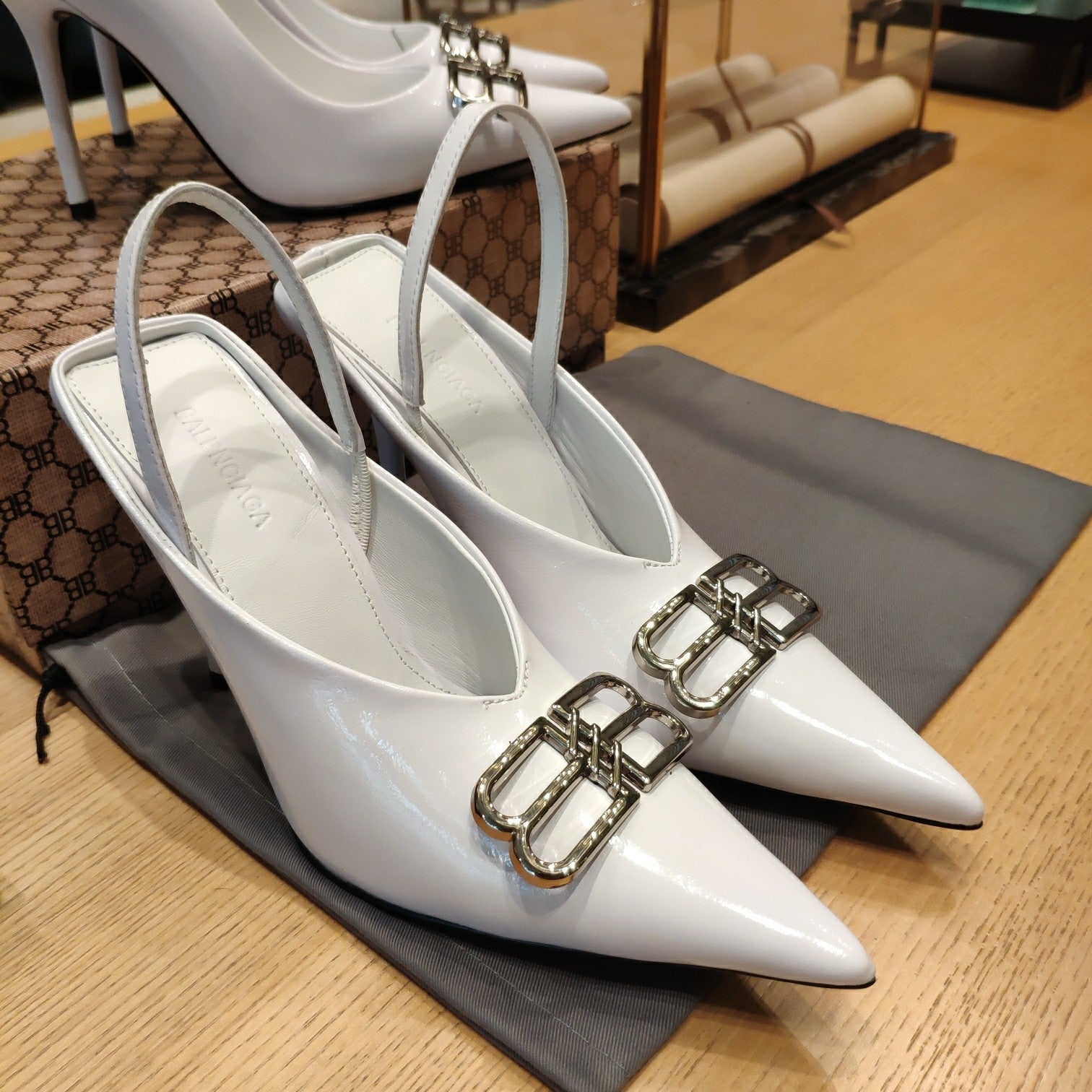 Balenciaga 26s High Heel 100 White Patent Leather Sliver Logo 681184