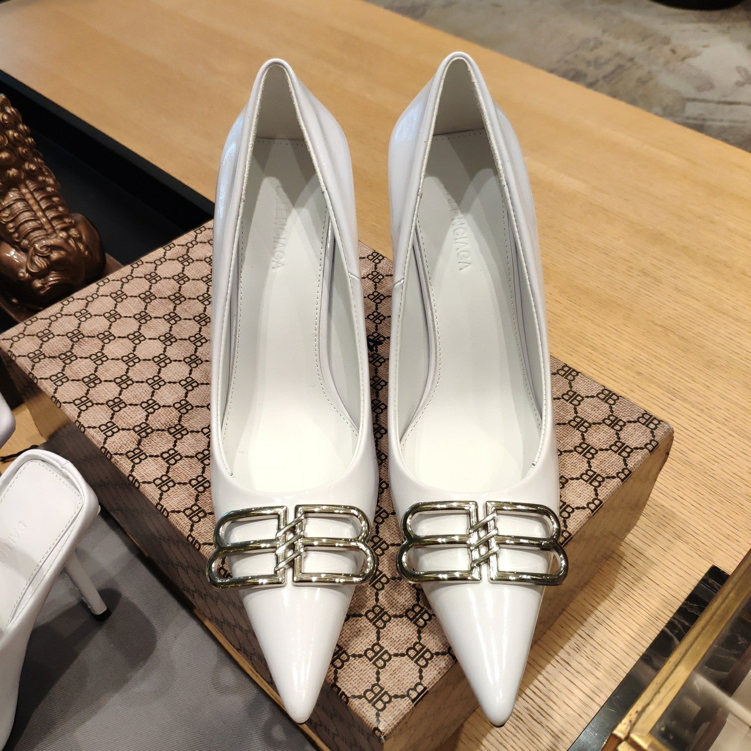 Balenciaga 26s High Heel 100 White Patent Leather Sliver Logo 681184
