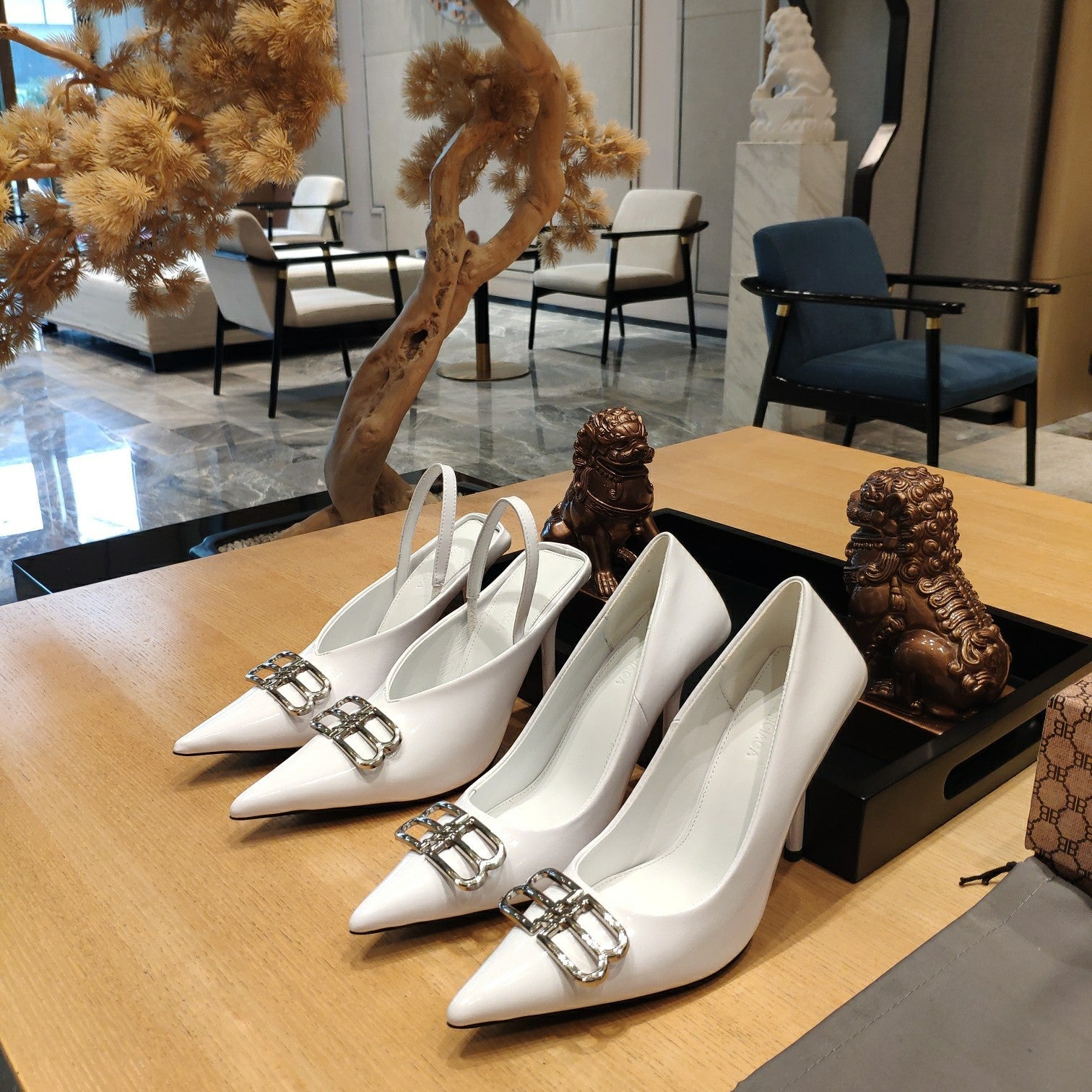 Balenciaga 26s High Heel 100 White Patent Leather Sliver Logo 681184