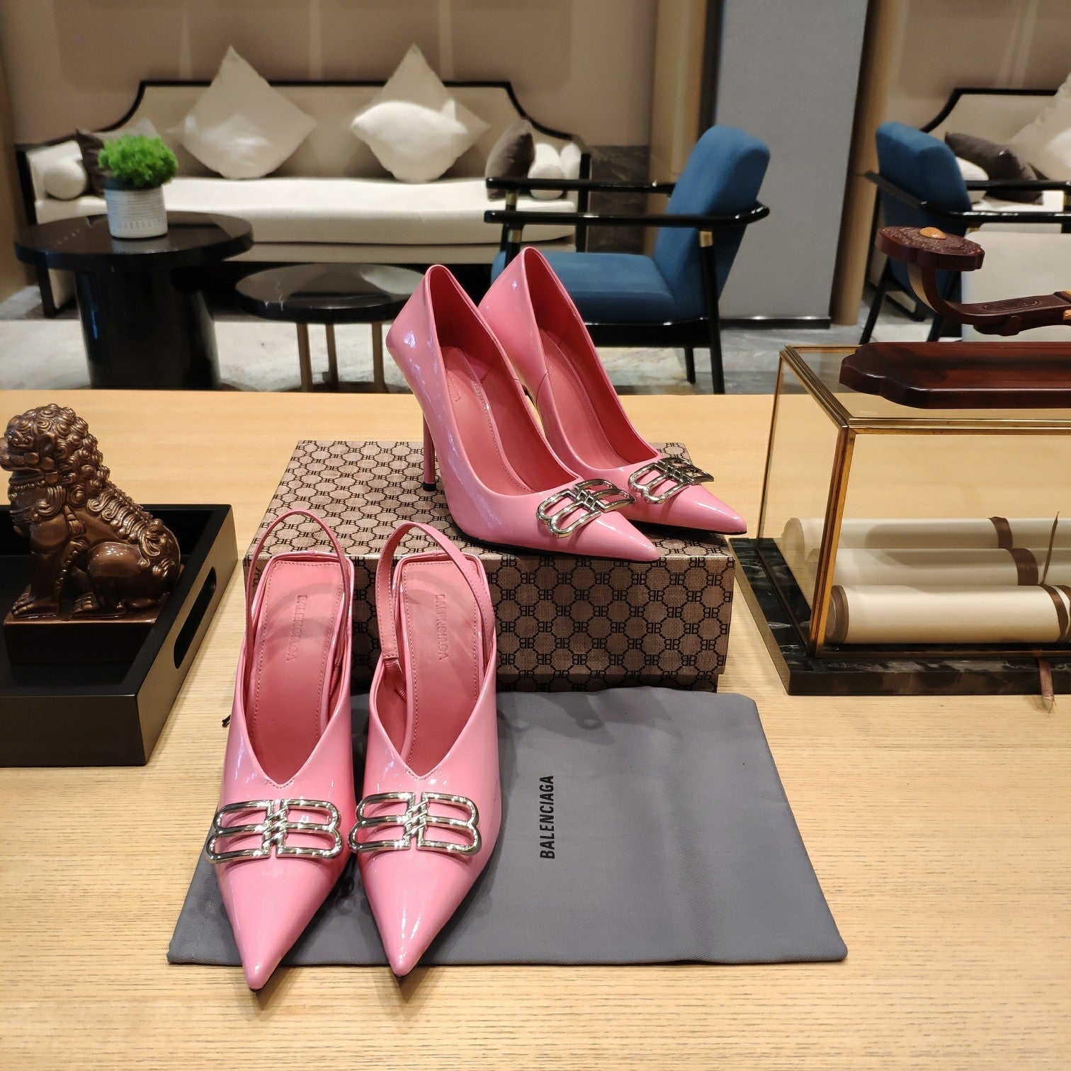 Balenciaga 26s High Heel 100 Pink Patent Leather Sliver Logo 681185