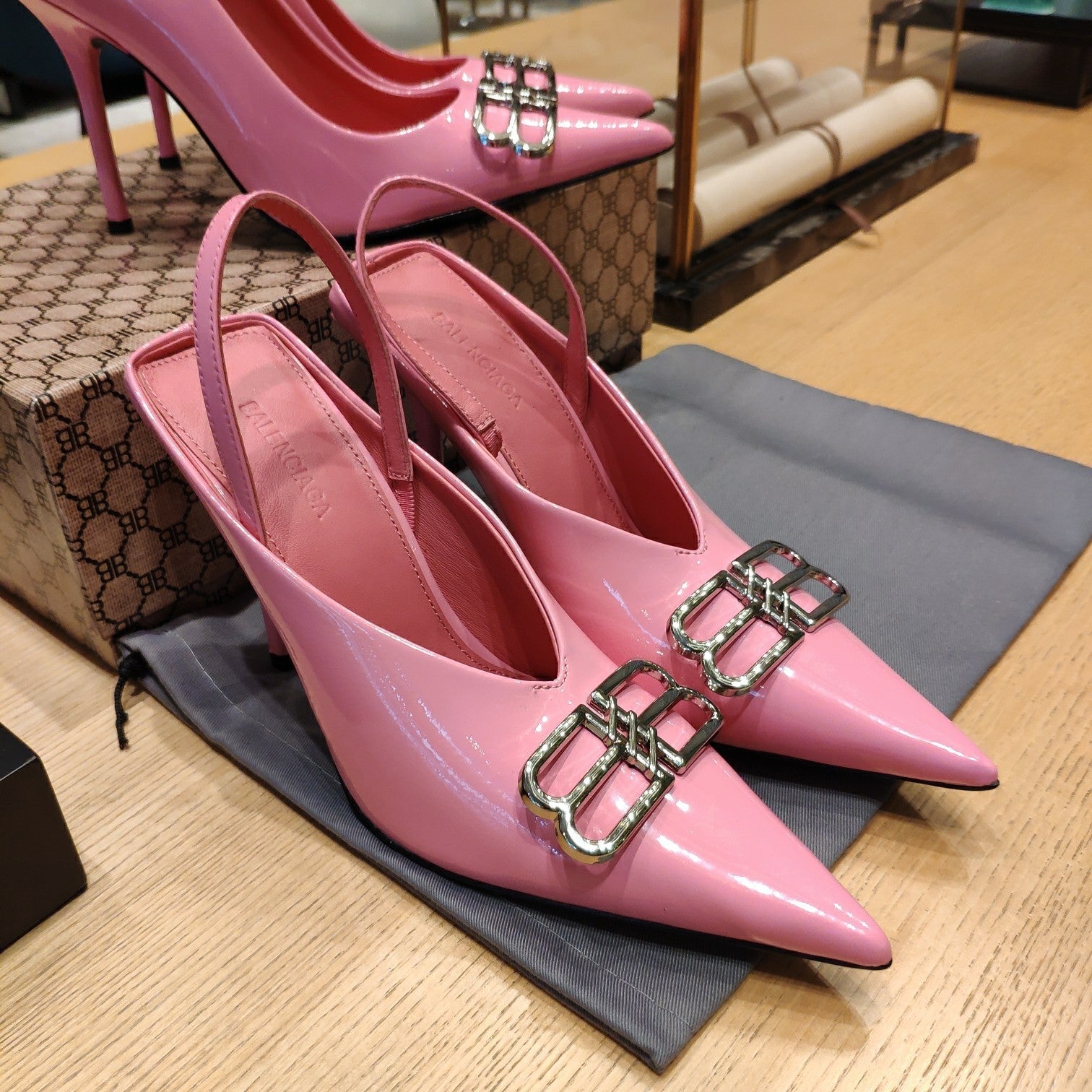 Balenciaga 26s High Heel 100 Pink Patent Leather Sliver Logo 681185