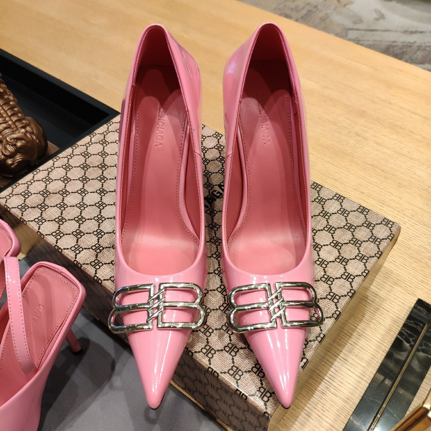 Balenciaga 26s High Heel 100 Pink Patent Leather Sliver Logo 681185