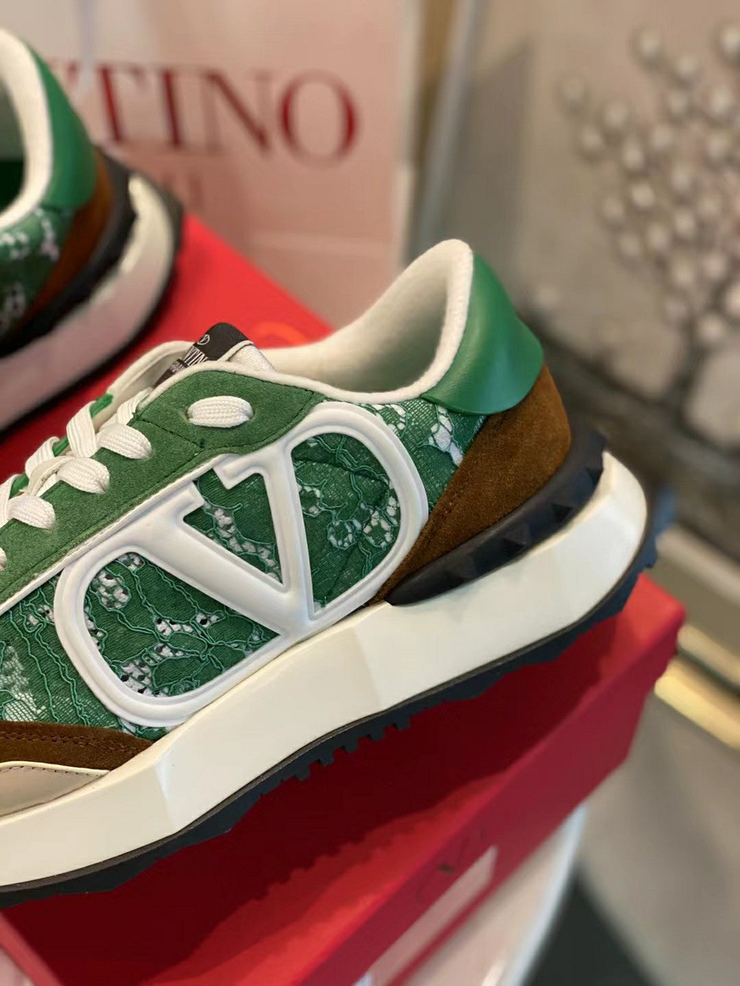 Lace And Mesh Lacerunner Sneaker In Green White Mix Earth Brown 994623