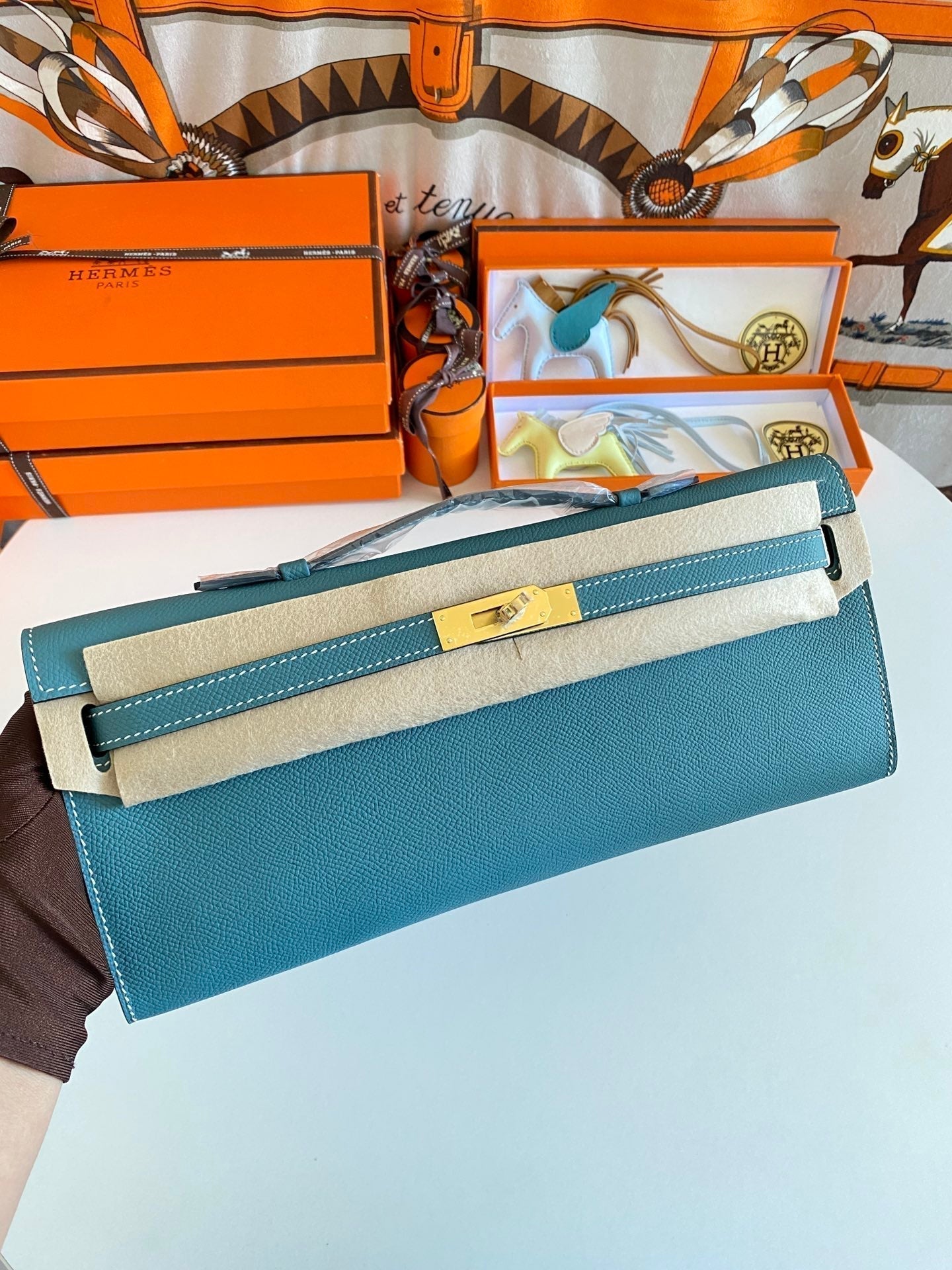 HM Kelly Cut 31 Teal Blue Epsom Leather Gold Hardware 229062
