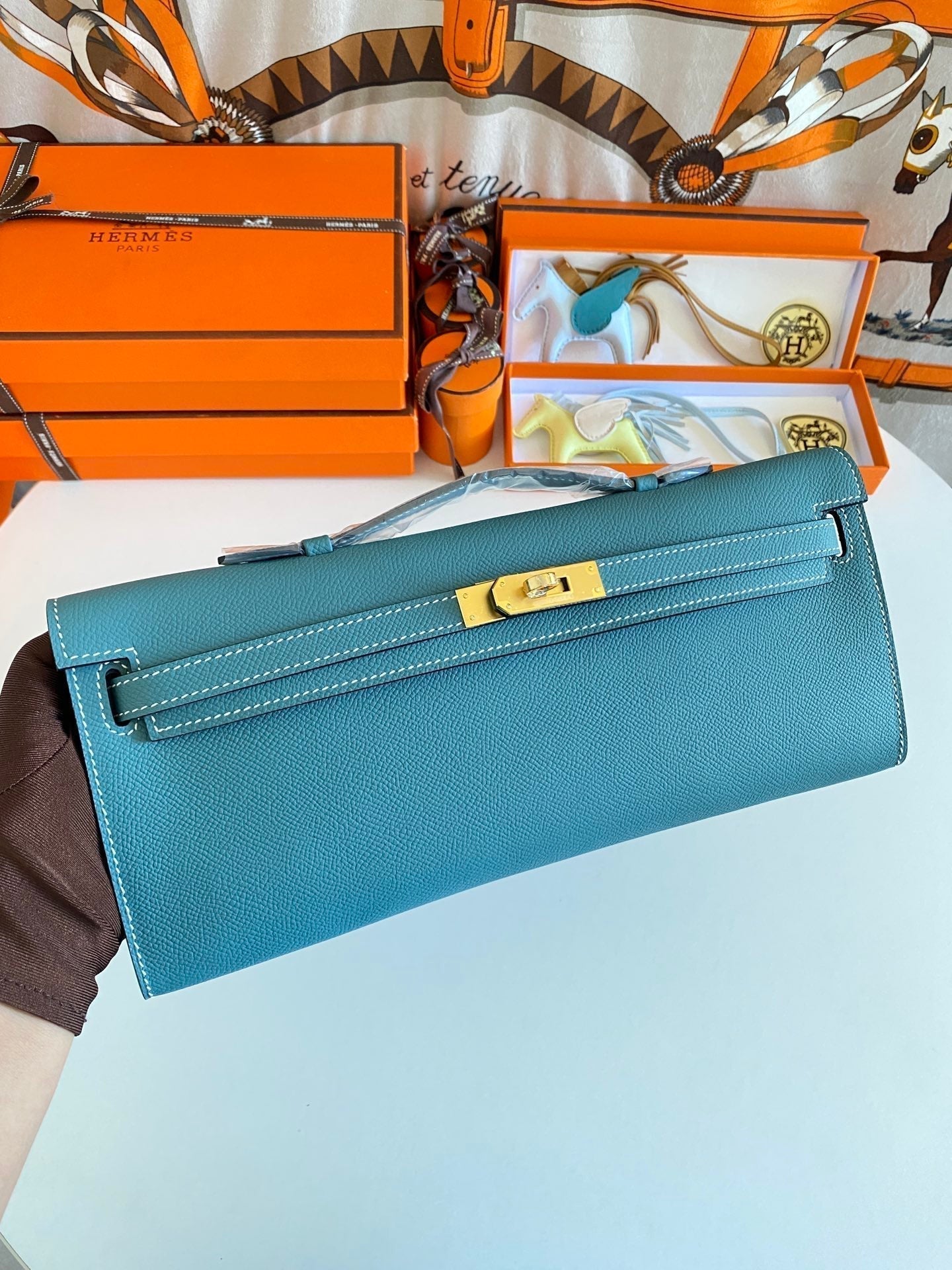 HM Kelly Cut 31 Teal Blue Epsom Leather Gold Hardware 229062