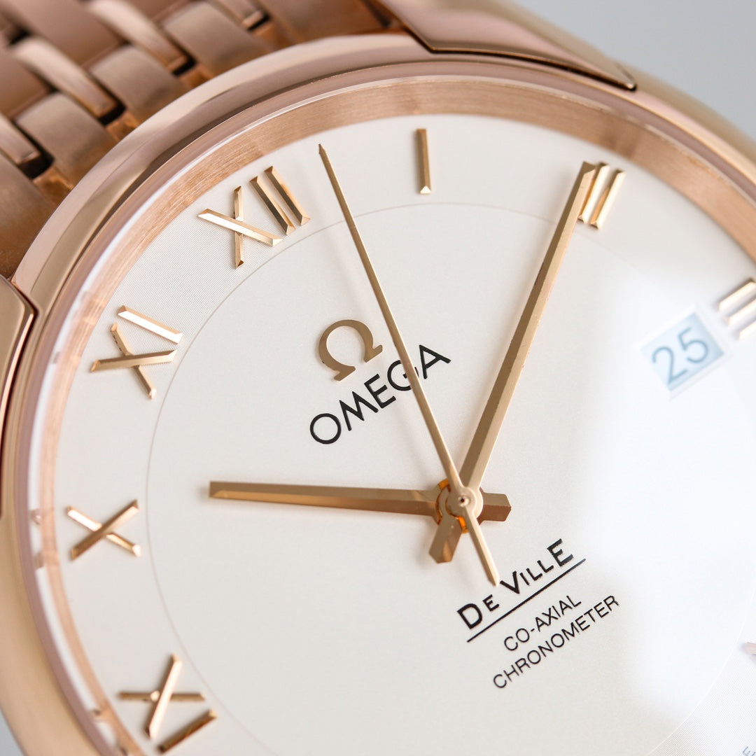 Omega De Ville Co-Axial Chronometer 41mm Watch White Dial Rose Gold Strap