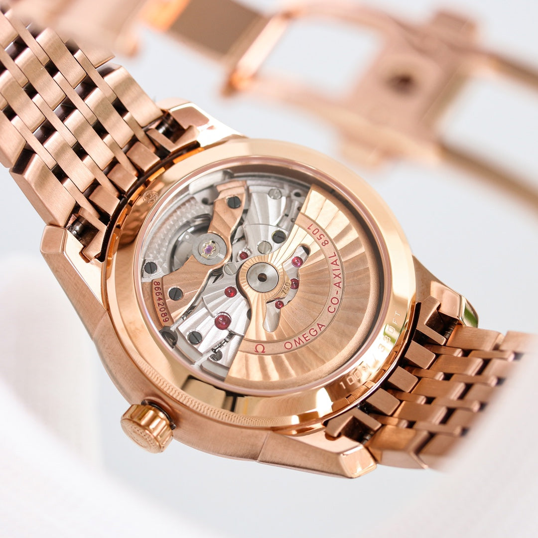Omega De Ville Co-Axial Chronometer 41mm Watch White Dial Rose Gold Strap